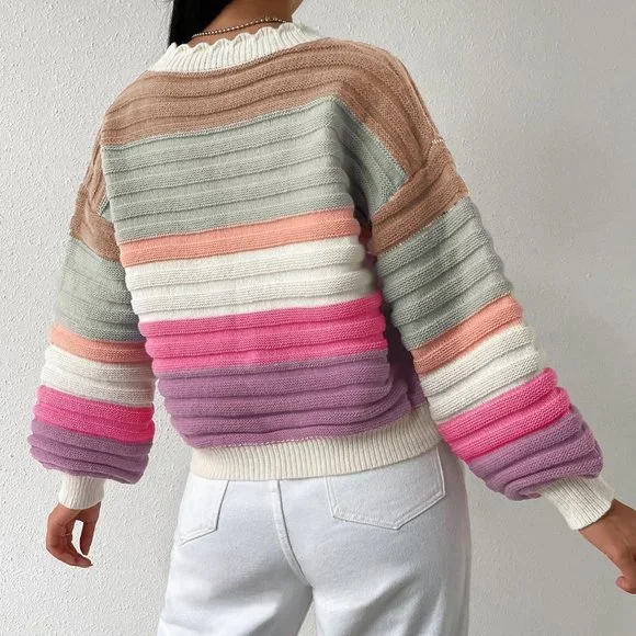 Multicolor Casual Womens Colorblock Scallop Trim Drop Shoulder Cardigan - Picture 2 of 5